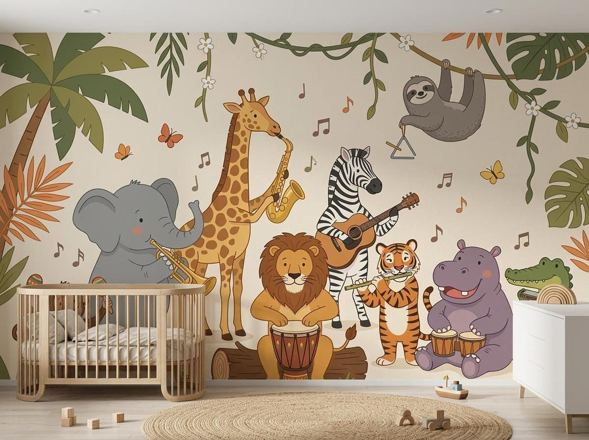 A full jungle animal band wall mural is displayed in a nursery with a wooden crib and a round rug on the floor.