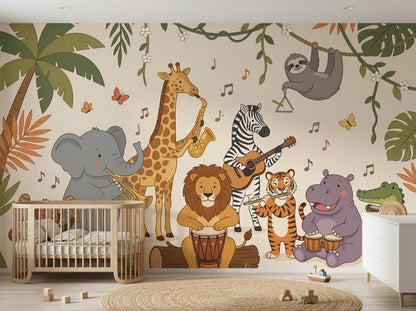 A full jungle animal band wall mural is displayed in a nursery with a wooden crib and a round rug on the floor.
