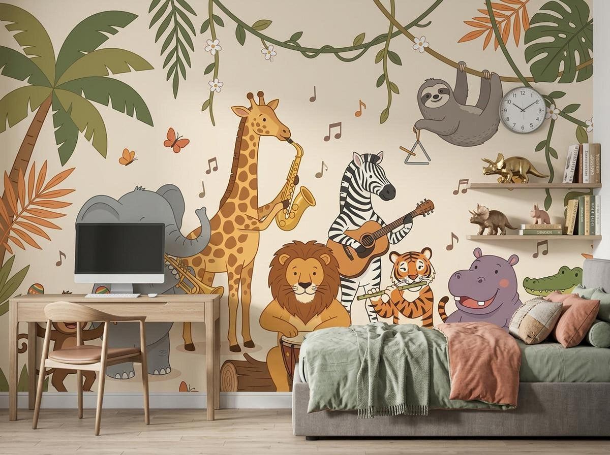 A desk with a computer monitor and a bed are placed against a wall featuring a cartoon jungle animal orchestra mural.