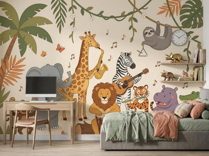 A desk with a computer monitor and a bed are placed against a wall featuring a cartoon jungle animal orchestra mural.