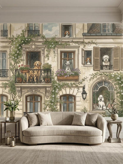 A watercolor wallpaper mural showing a European city building populated by illustrated dogs in windows, set behind a light-colored sofa in a living room.