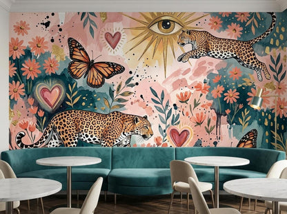A whimsical mural with leopards, flowers, and an eye is set behind a teal sectional sofa in a furnished room.