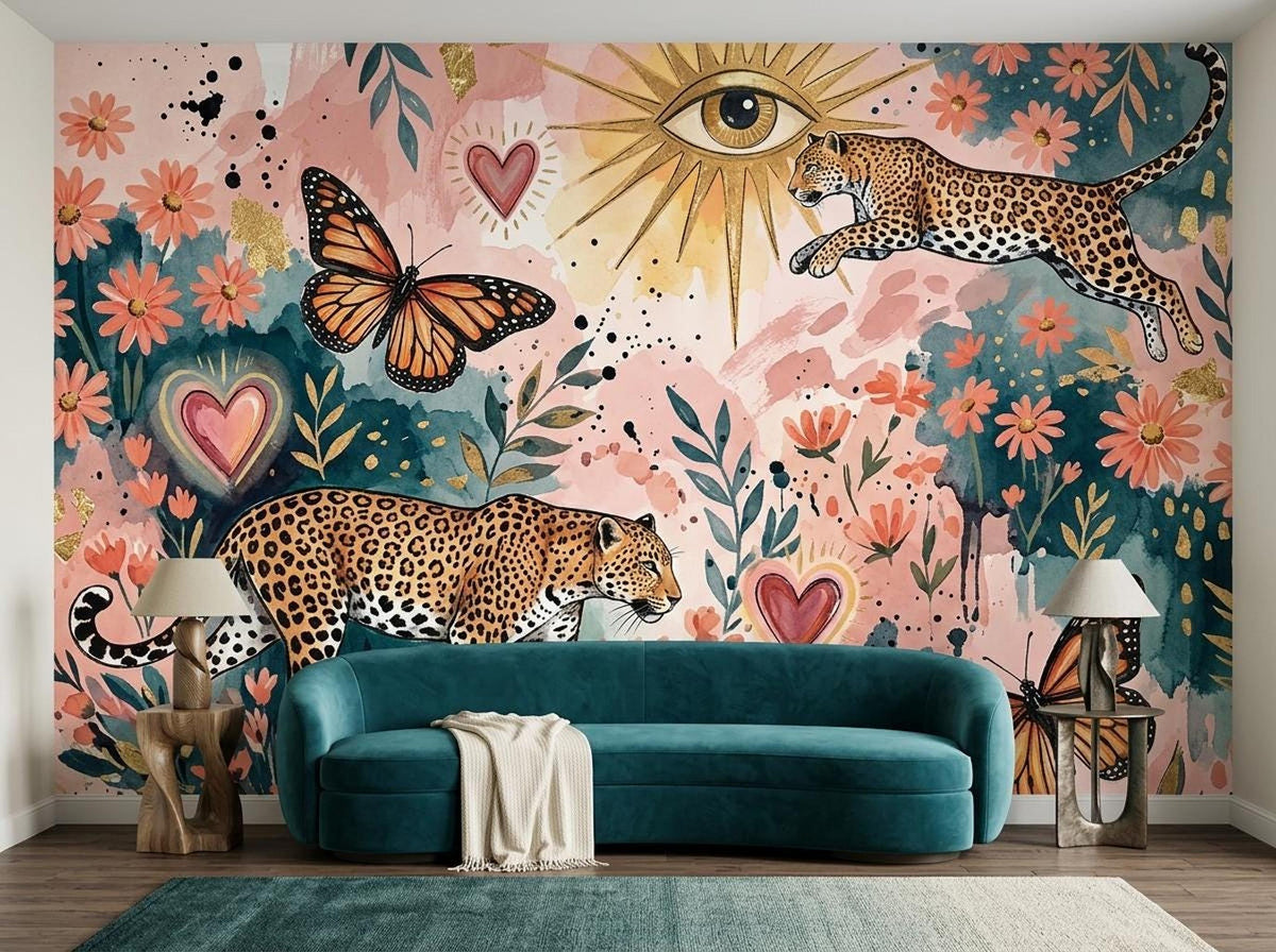 A leopard, butterfly, and celestial eye mural serves as a backdrop for a teal velvet sofa and two side tables.