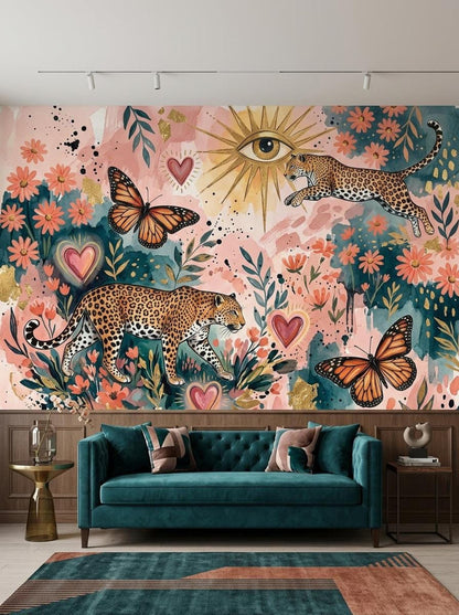 A whimsical watercolor mural features leopards, butterflies, hearts, and an all-seeing eye over a teal sofa and rug.