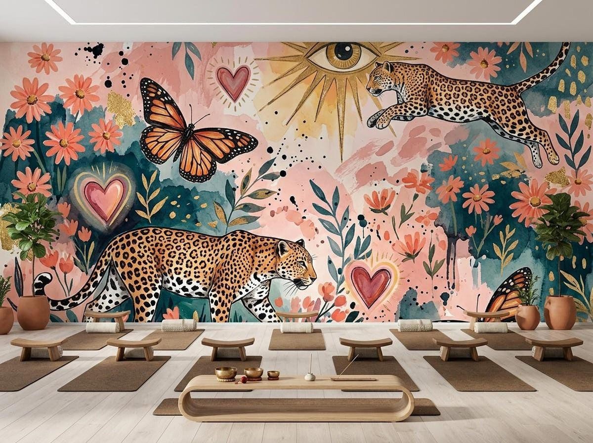 A yoga studio features a mural of leopards, butterflies, and hearts with yoga mats and blocks laid out on the wooden floor.
