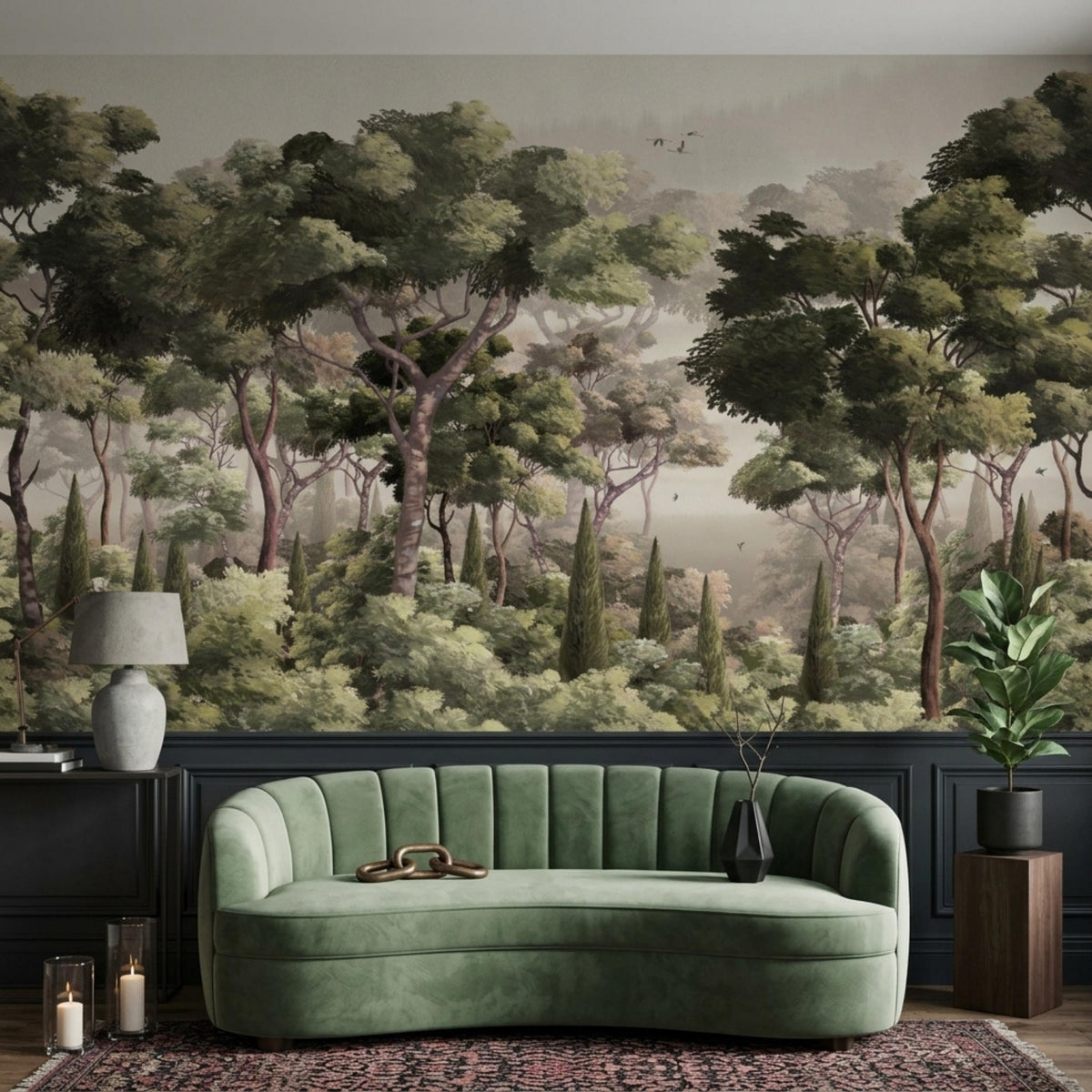 A living room with a green velvet sofa against a vintage forest landscape wallpaper mural.