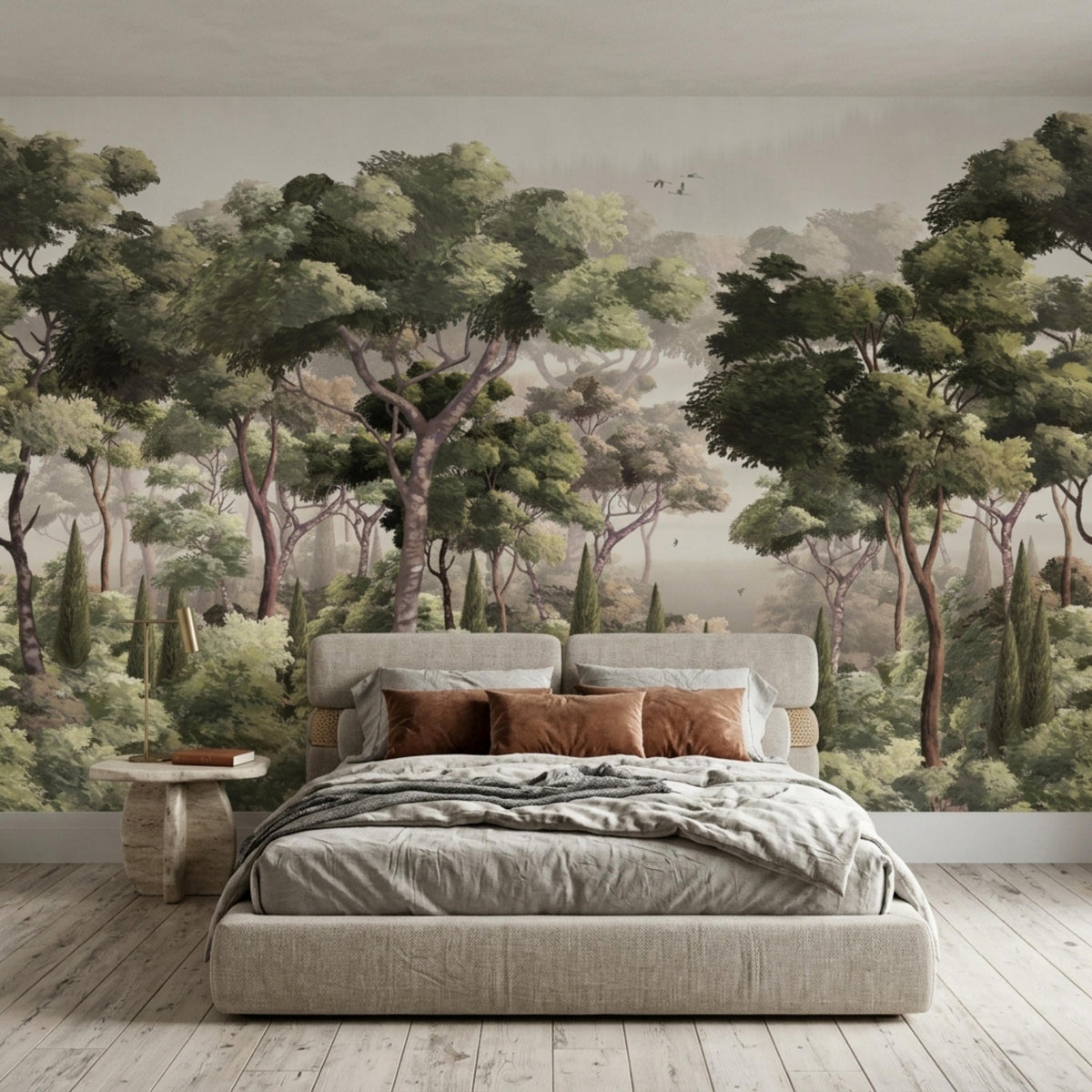 A bedroom featuring an upholstered bed positioned in front of an antique nature art wallpaper.