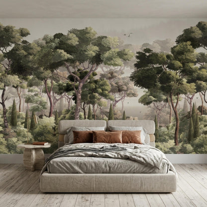 A bedroom featuring an upholstered bed positioned in front of an antique nature art wallpaper.