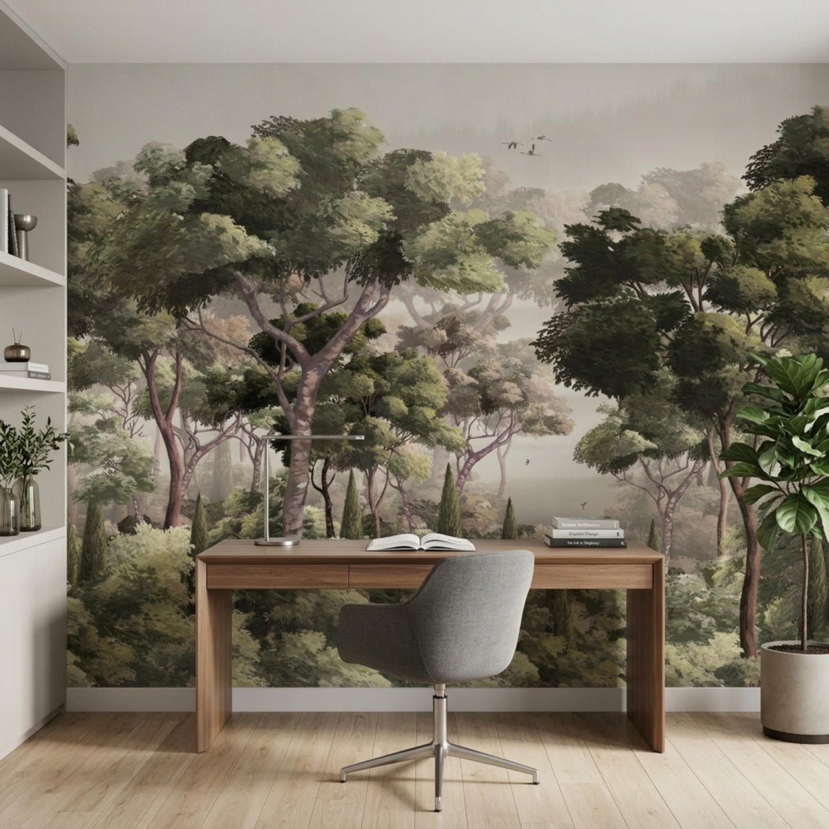 A home office setup with a wooden desk and grey chair against a vintage forest wall mural.