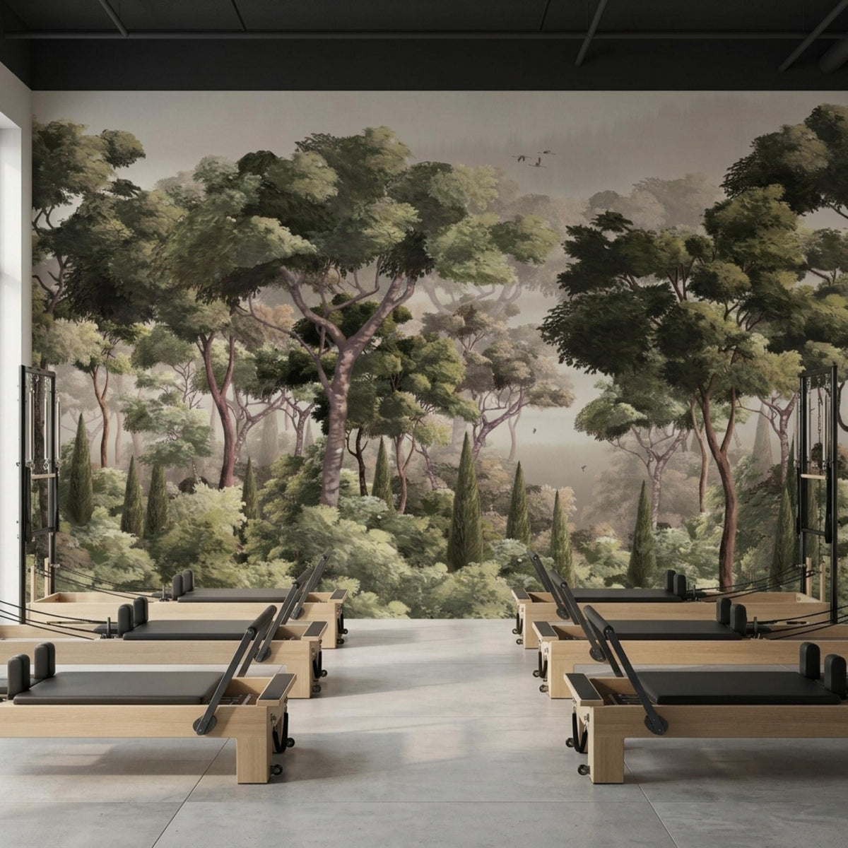 A gym with wooden reformer machines in front of a sophisticated forest landscape wall mural.
