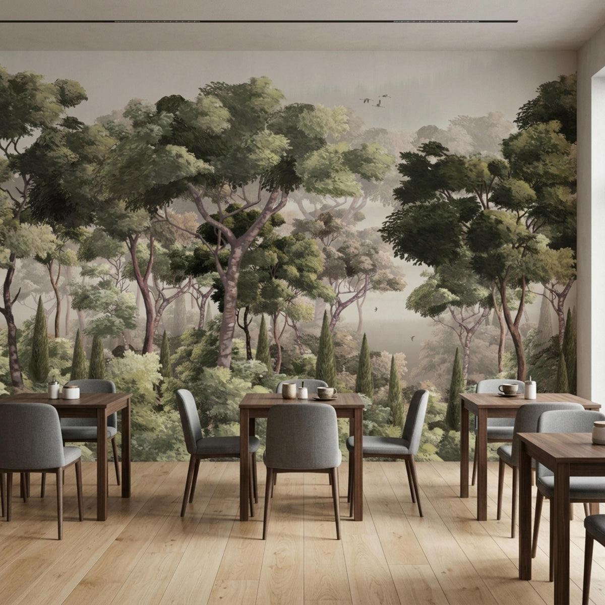 A dining space with wooden tables and grey chairs set against a moody nature wallpaper.