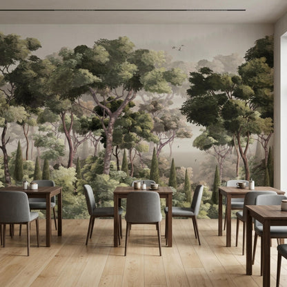 A dining space with wooden tables and grey chairs set against a moody nature wallpaper.