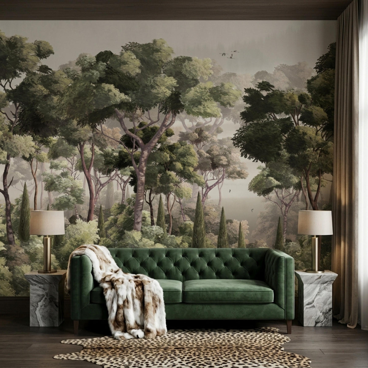 A living room featuring a deep green tufted sofa and a fuzzy throw blanket in front of a woodland wall mural.