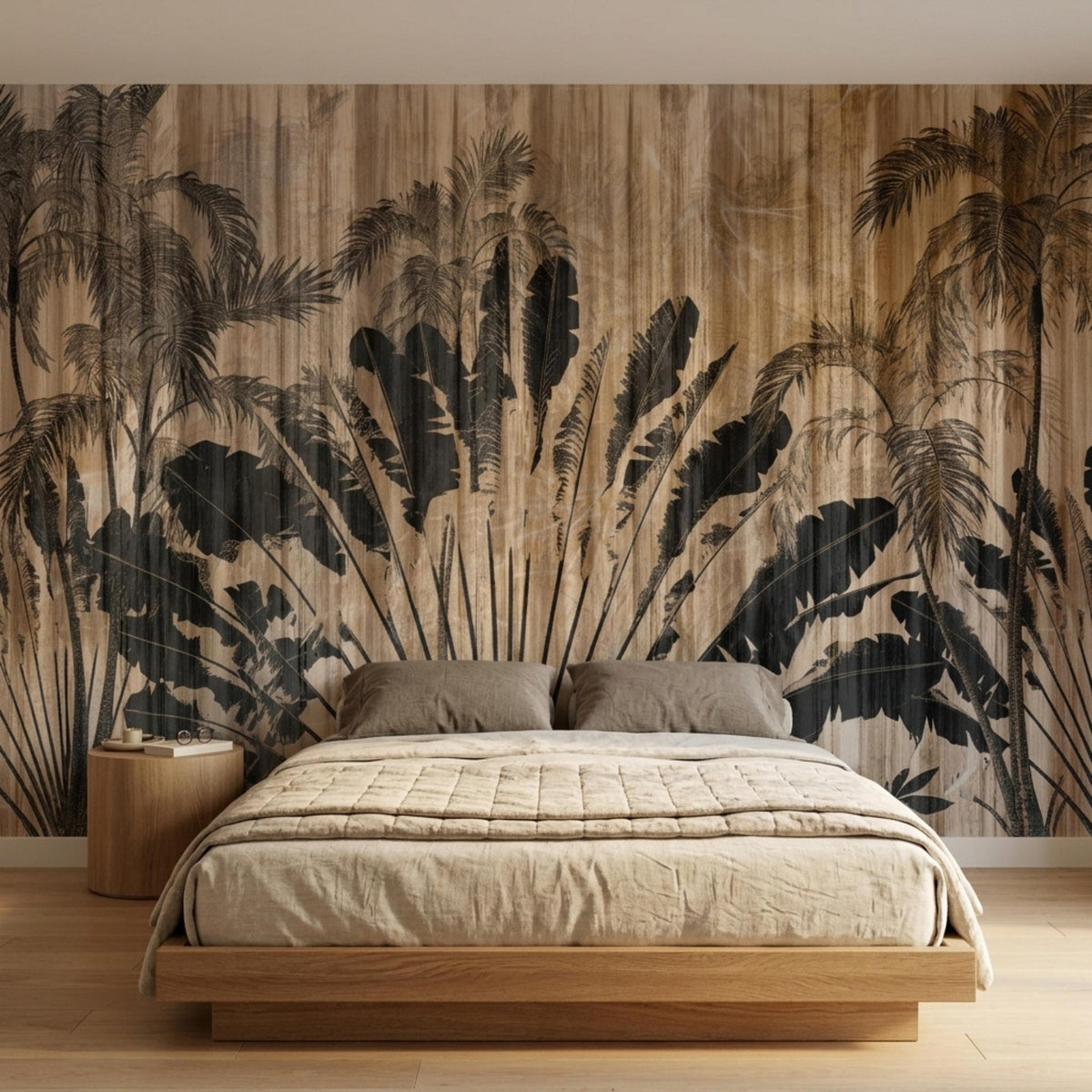A modern bedroom featuring a large tropical palm and wood grain accent wall behind a low wooden bed with neutral bedding.