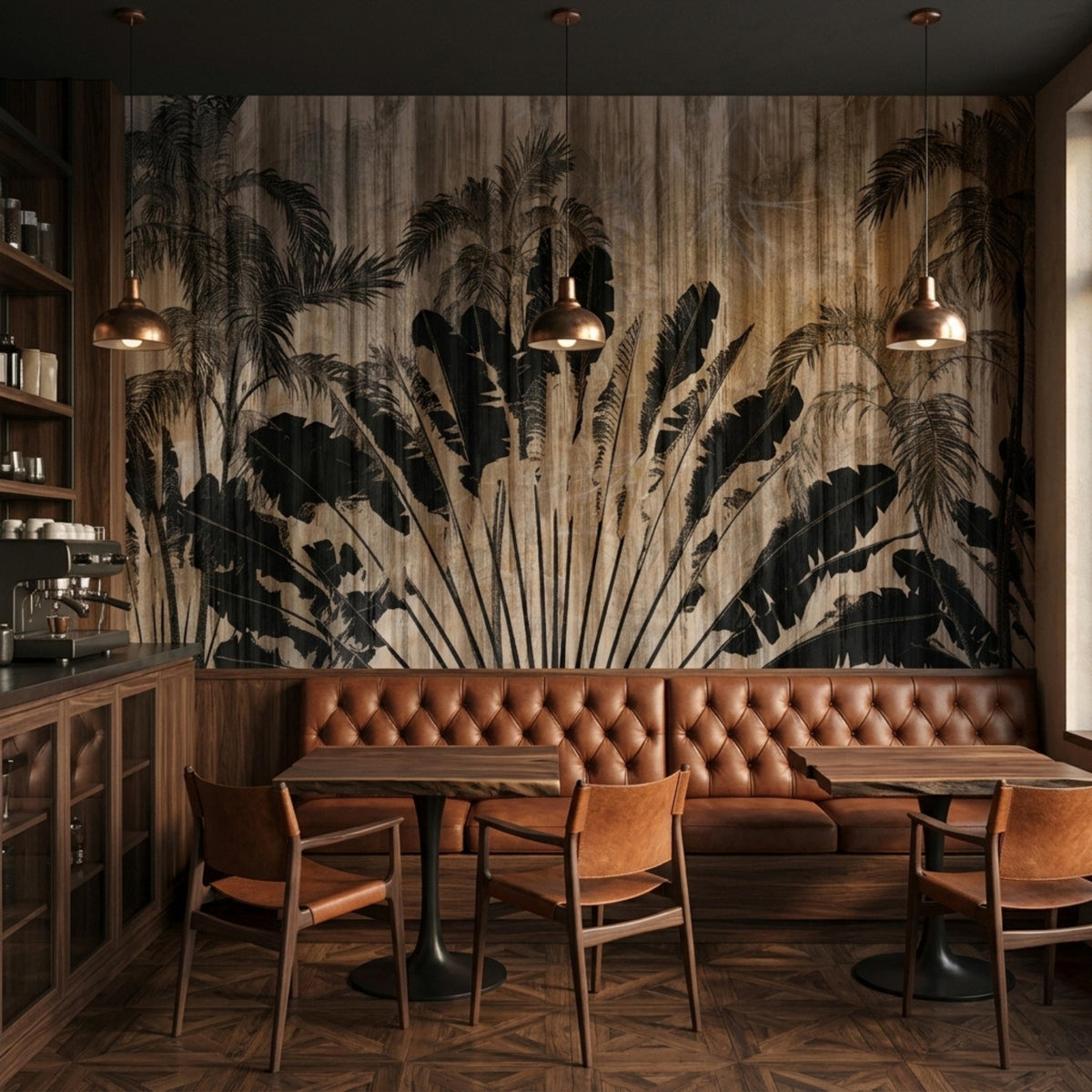A restaurant interior with a tufted leather booth, wooden tables, and a tropical palm and wood grain wall mural.