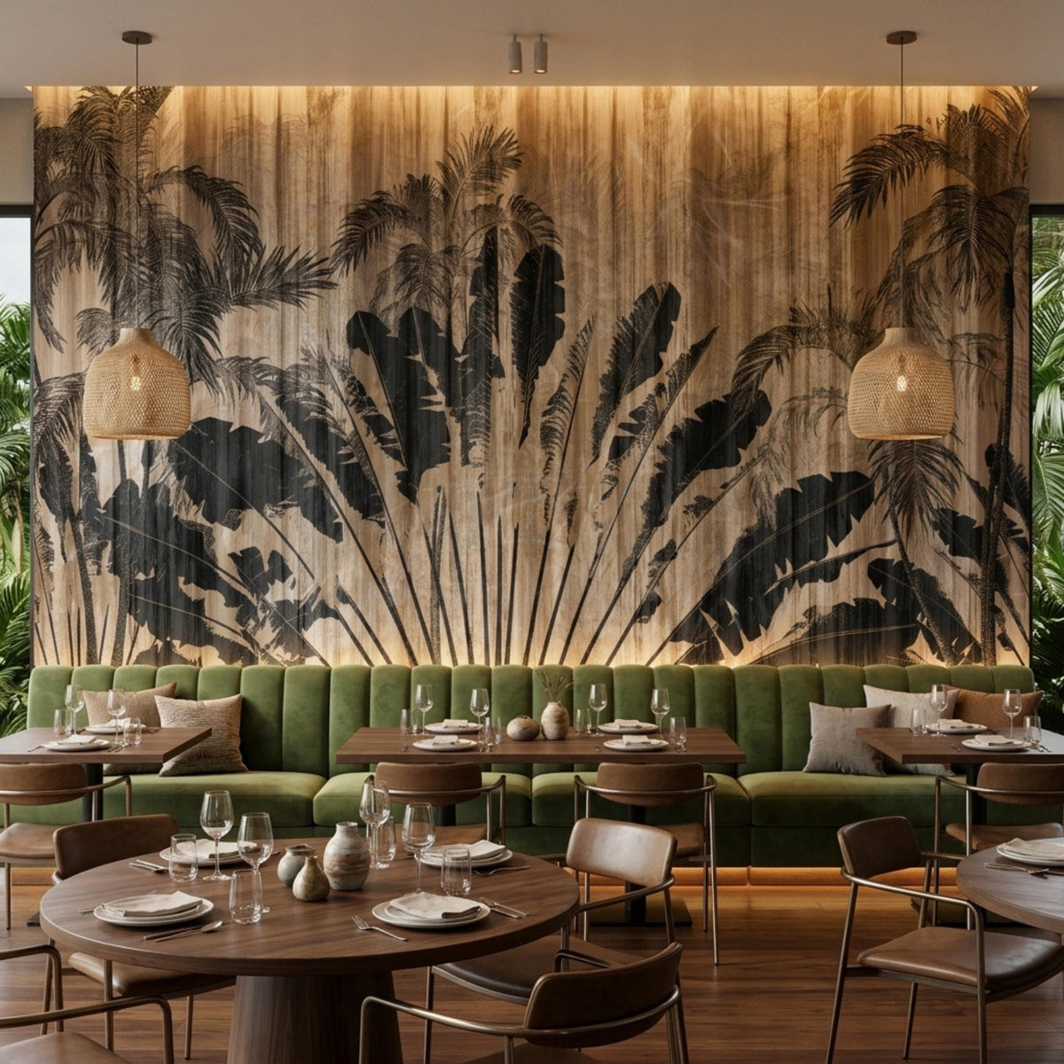 A restaurant dining area with green banquette seating, wooden tables, and a tropical palm and wood grain accent wall.