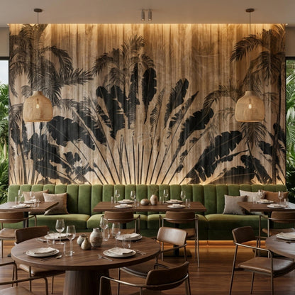 A restaurant dining area with green banquette seating, wooden tables, and a tropical palm and wood grain accent wall.