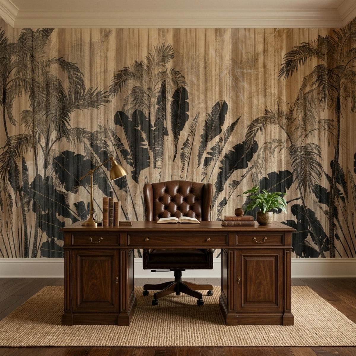 A classic home office featuring a dark wood executive desk and tufted leather chair against a tropical palm and wood grain wall.