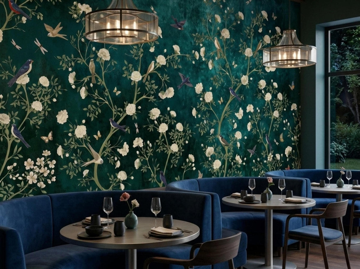 Restaurant booths with pendant lighting are arranged in front of a dark green botanical wallpaper wall mural.