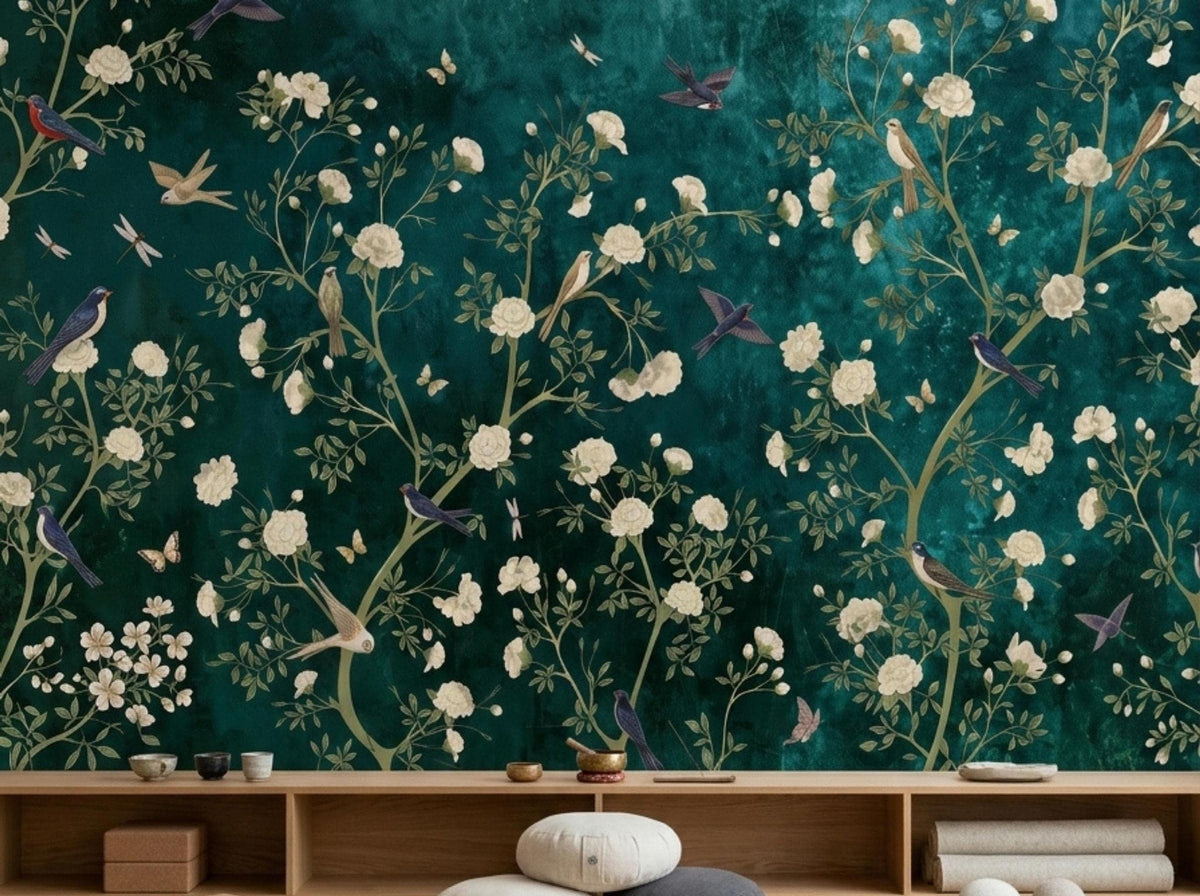 A wooden console table sits against an emerald chinoiserie floral wallpaper mural with painted birds and branches.
