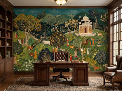 A traditional Indian Pichwai wall mural in teal is shown behind a dark wood executive desk and leather chair.