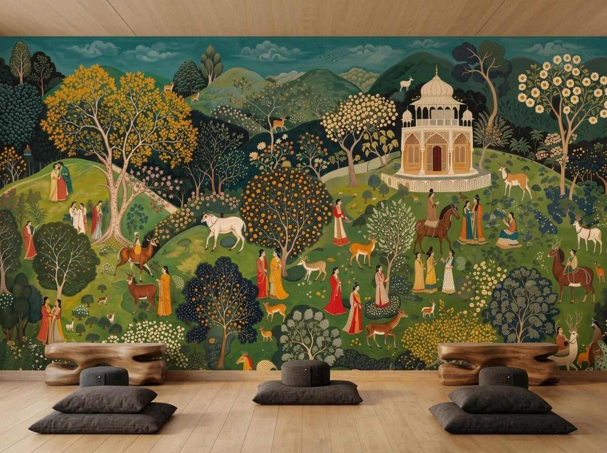 A teal exotic landscape wallpaper is installed on a wall behind low wooden benches and black floor cushions.