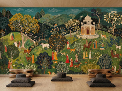 A teal exotic landscape wallpaper is installed on a wall behind low wooden benches and black floor cushions.