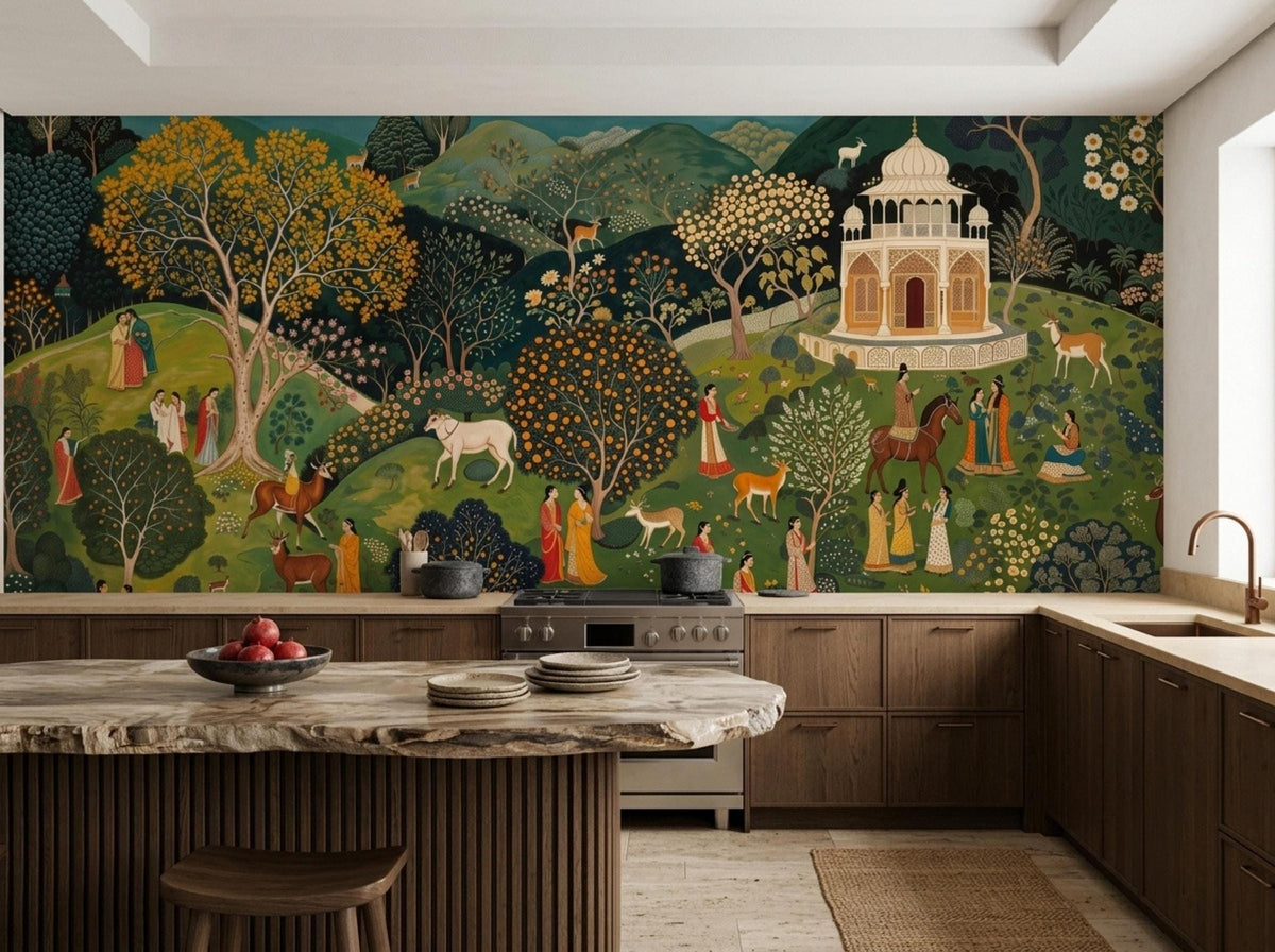 A teal palace garden wall mural is displayed behind dark wood kitchen cabinets and a matching island with a marble top.