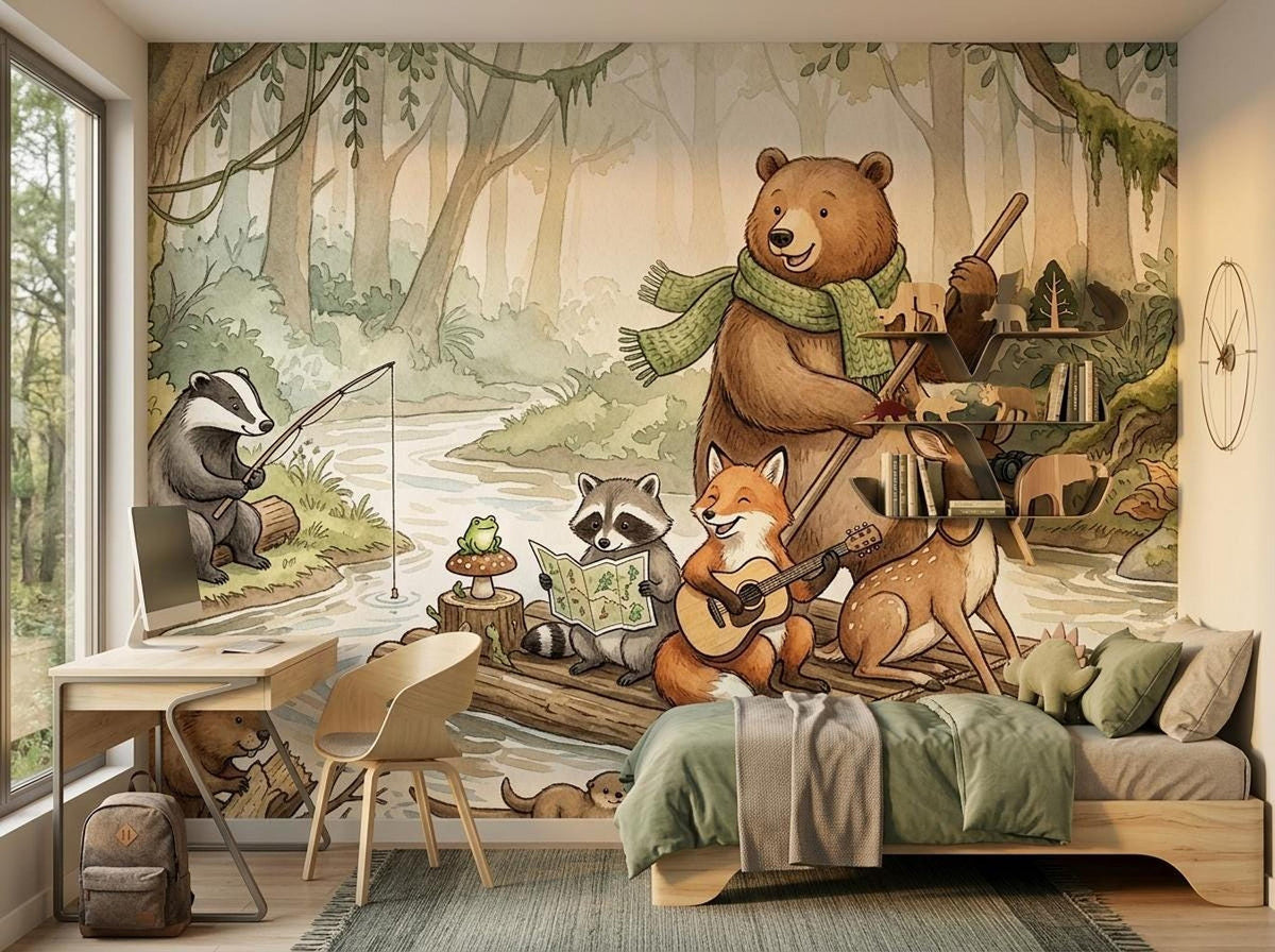 A watercolor forest wall mural featuring various animals on a river with a bed, desk, and chair placed in front of it.