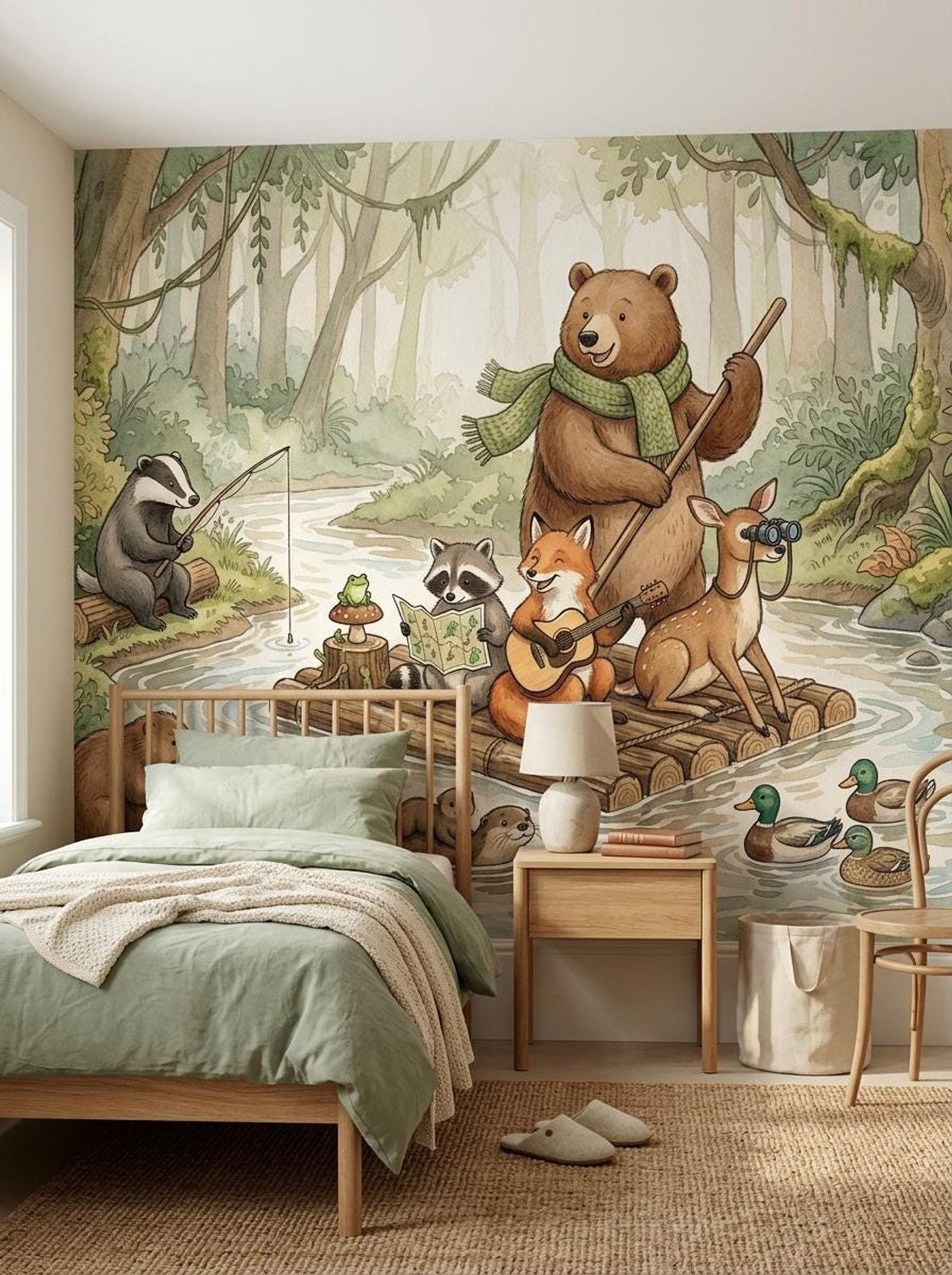 A bedroom with a woodland animal forest mural, a wooden bed with green bedding, a nightstand with a lamp, and slippers on the rug.