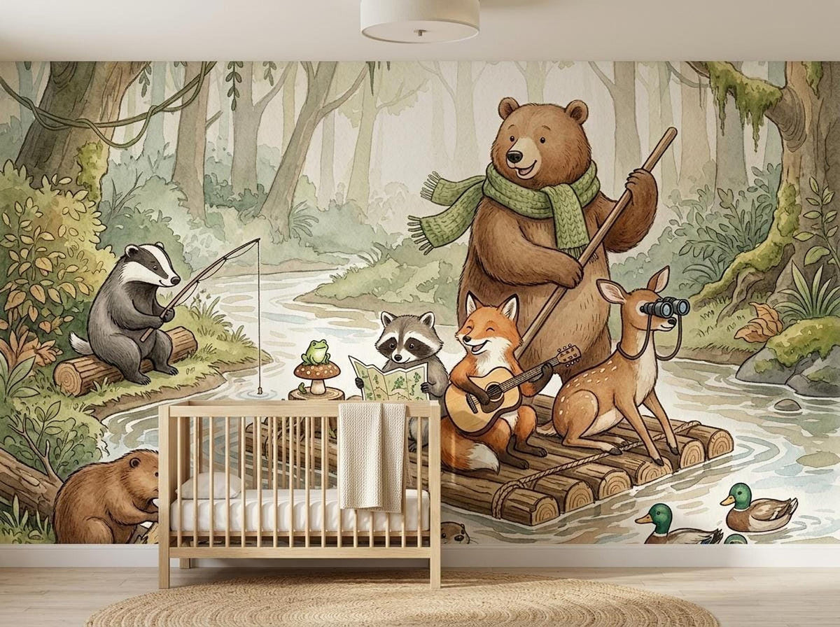 A watercolor forest mural with woodland animals displayed behind a simple wooden crib on a round rug.