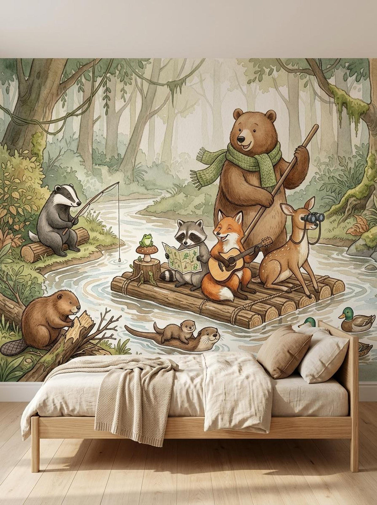 A watercolor forest animal mural behind a wooden platform bed with a beige blanket in a child's bedroom.