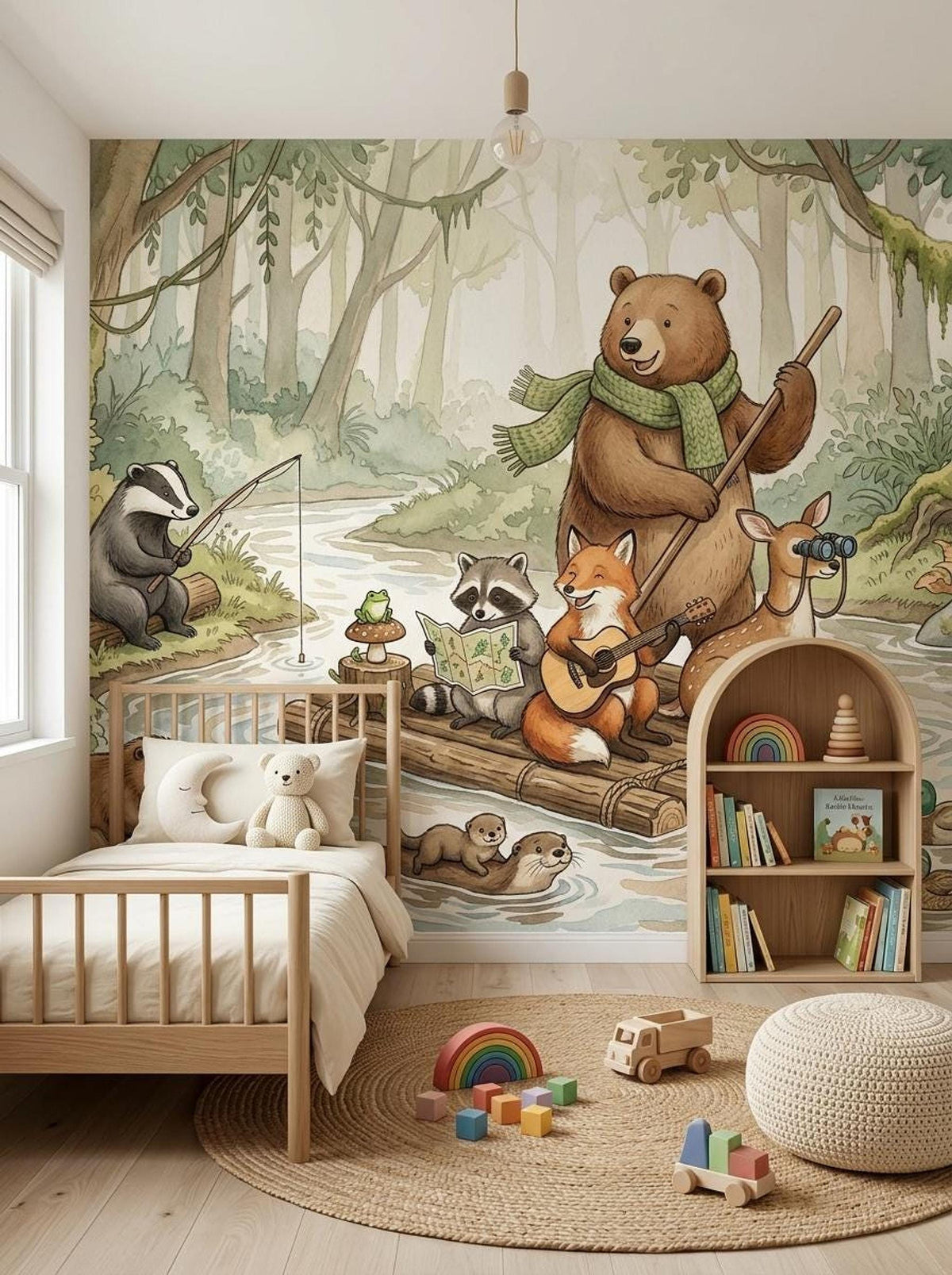 A nursery with a woodland animal wall mural, a toddler bed, a wooden bookshelf, toys, and a round jute rug.