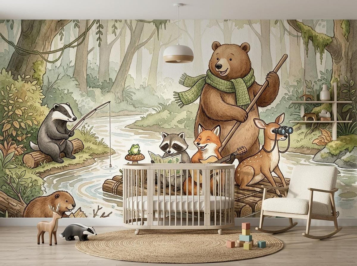 A room featuring a woodland animal wall mural, a baby crib, a white rocking chair, and a round woven rug.