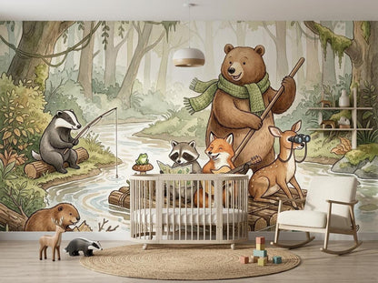 A room featuring a woodland animal wall mural, a baby crib, a white rocking chair, and a round woven rug.