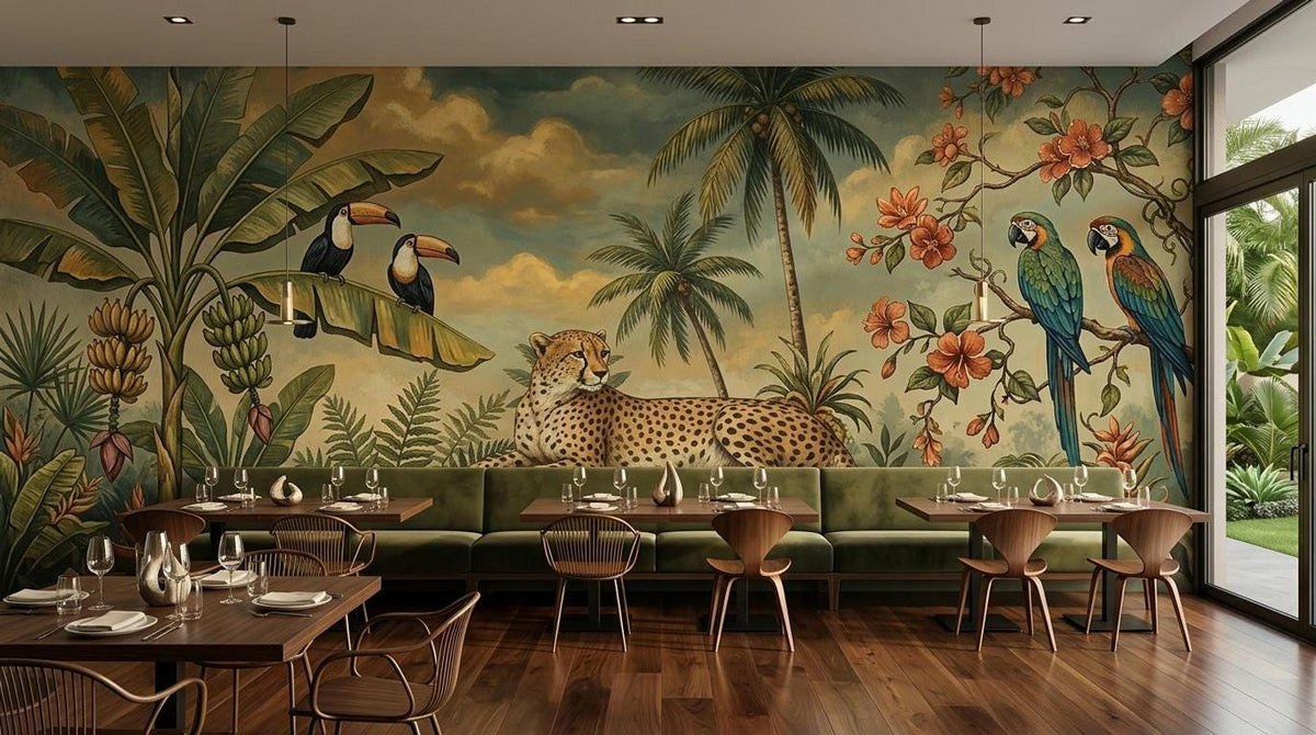A restaurant interior with several dining tables and green velvet banquette seating against a large tropical jungle mural wallpaper.