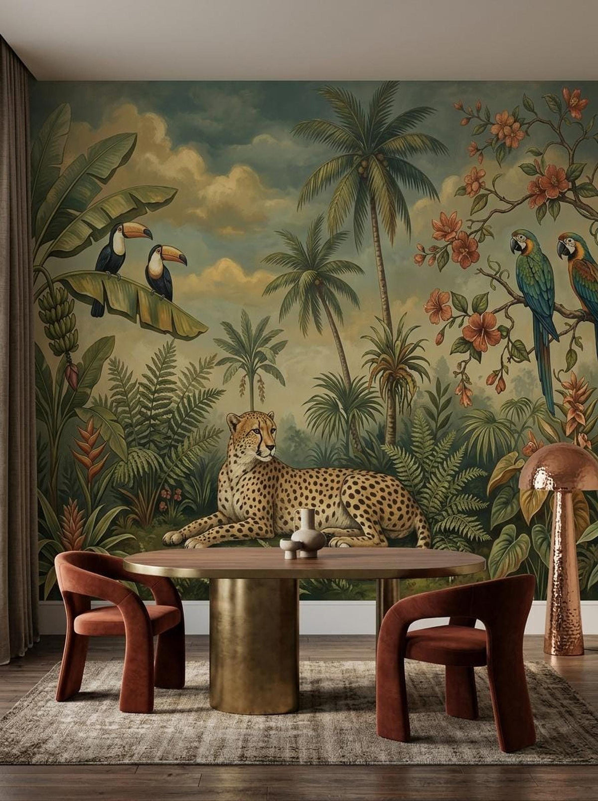 A dining space with a round table and two rust-colored velvet chairs set against a tropical jungle mural wallpaper with a cheetah.