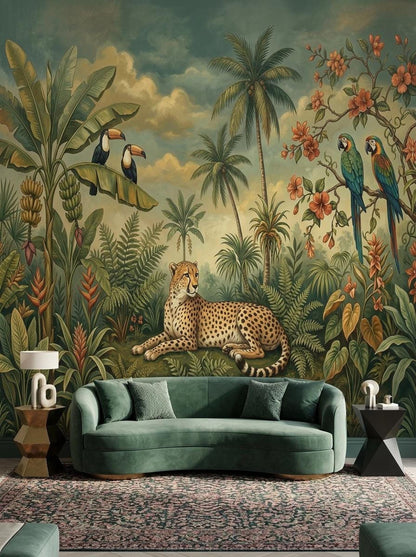 A living room interior featuring a green curved sofa and side tables against a tropical jungle mural wallpaper with a cheetah and parrots.