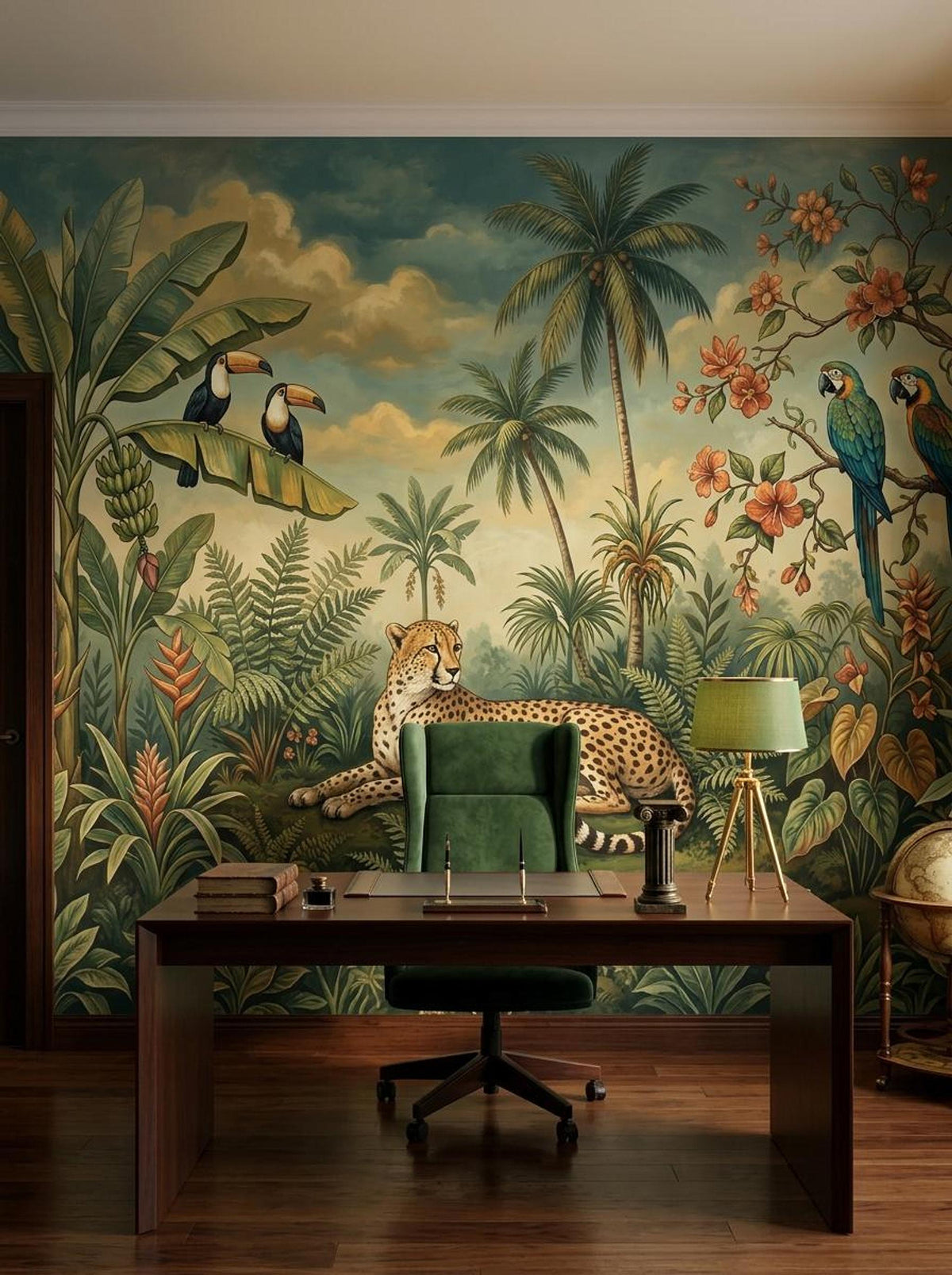 A home office with a wooden desk and green chair positioned in front of a tropical jungle mural wallpaper featuring a cheetah and exotic birds.
