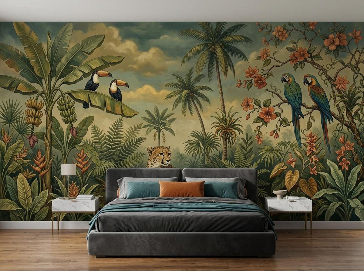 A bedroom featuring a tropical jungle mural wallpaper with a cheetah and exotic birds, behind a grey bed with nightstands.
