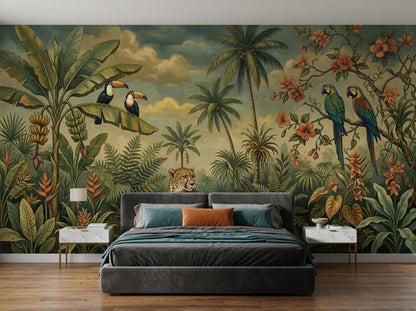 A bedroom featuring a tropical jungle mural wallpaper with a cheetah and exotic birds, behind a grey bed with nightstands.