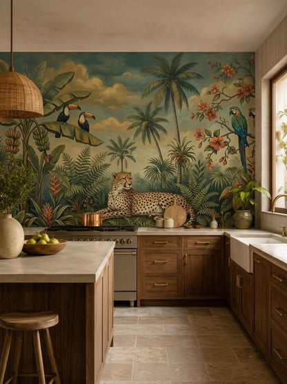 A kitchen with wooden cabinets and marble countertops, set against a vibrant tropical jungle mural wallpaper depicting a cheetah and parrots.