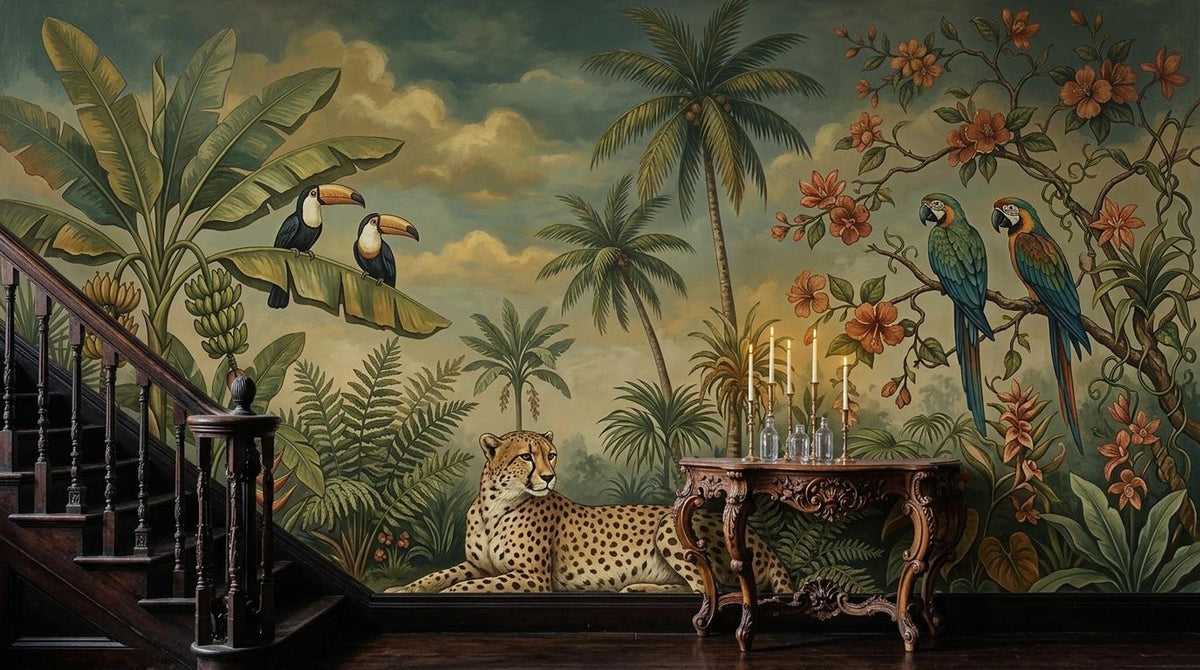 A dark wooden staircase beside a wall covered in a tropical jungle mural wallpaper showing a cheetah, palm trees, and colorful birds.