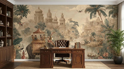 A home office setting includes a dark wood executive desk and chair positioned before a large vintage Indian jungle wall mural.