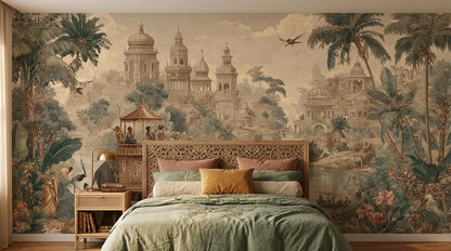 A bedroom features a wooden bed with green bedding set against a dramatic vintage Indian jungle wall mural.