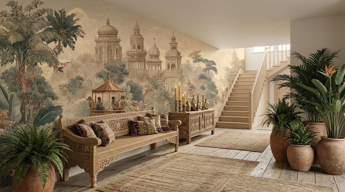 An interior space displays a wooden bench and staircase next to potted plants and an expansive vintage Indian palace wall mural.
