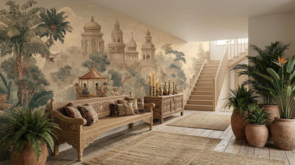 An interior space displays a wooden bench and staircase next to potted plants and an expansive vintage Indian palace wall mural.