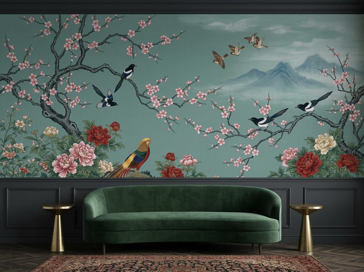 A teal chinoiserie wallpaper mural depicting floral branches and birds is displayed behind a dark green curved velvet sofa and two gold accent tables.
