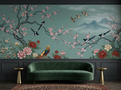 A teal chinoiserie wallpaper mural depicting floral branches and birds is displayed behind a dark green curved velvet sofa and two gold accent tables.