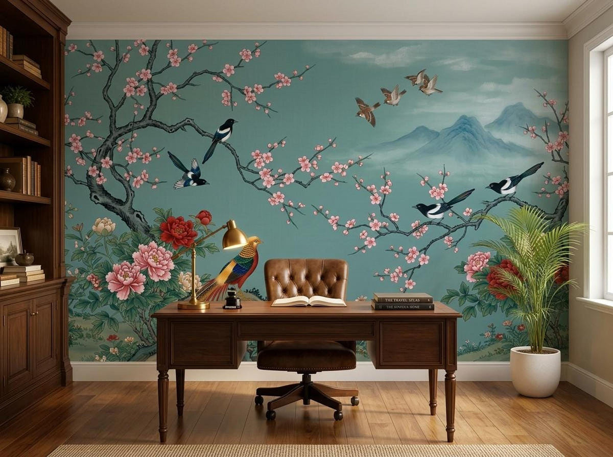 A large teal wall mural with cherry blossoms and magpies is set behind a wooden executive desk, a leather chair, and a bookcase.